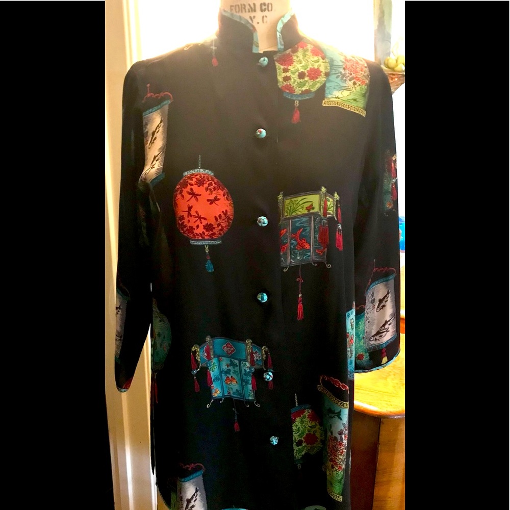 HARARI 100% silk Asian style stunning blouse ! rich colors! Size small
